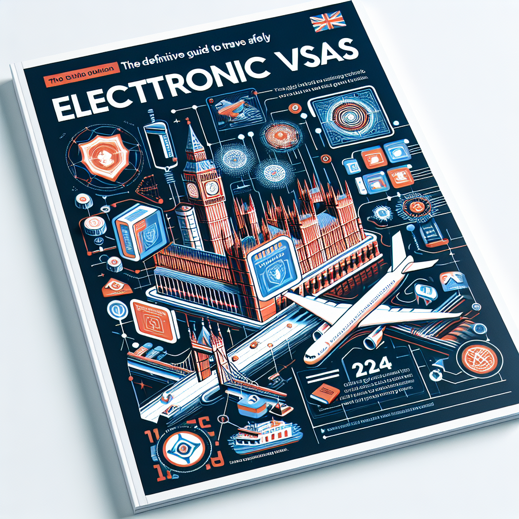Cover of a guidebook titled "Electronic VSAS" with aviation and technology illustrations representing UK electronic visas 202